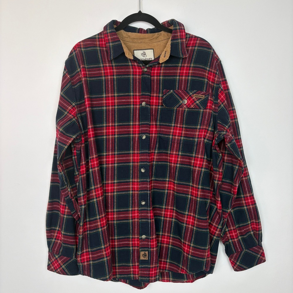 Legendary Whitetails Mens‎ L Heavy Flannel Shirt Red Tartan Plaid Corduroy Trim
